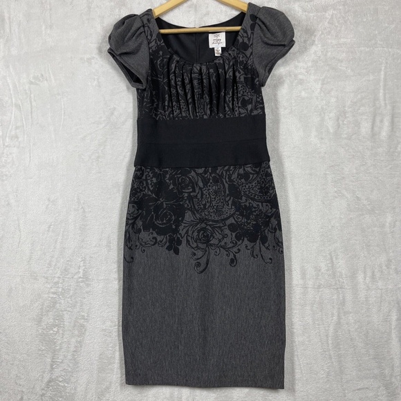 SUZE CHIN DRESS FOR MAGGY BOUTIQUE BLACK/GRAY S/S FLORAL KNEE LENGTH PARTY 10 M - Picture 1 of 8